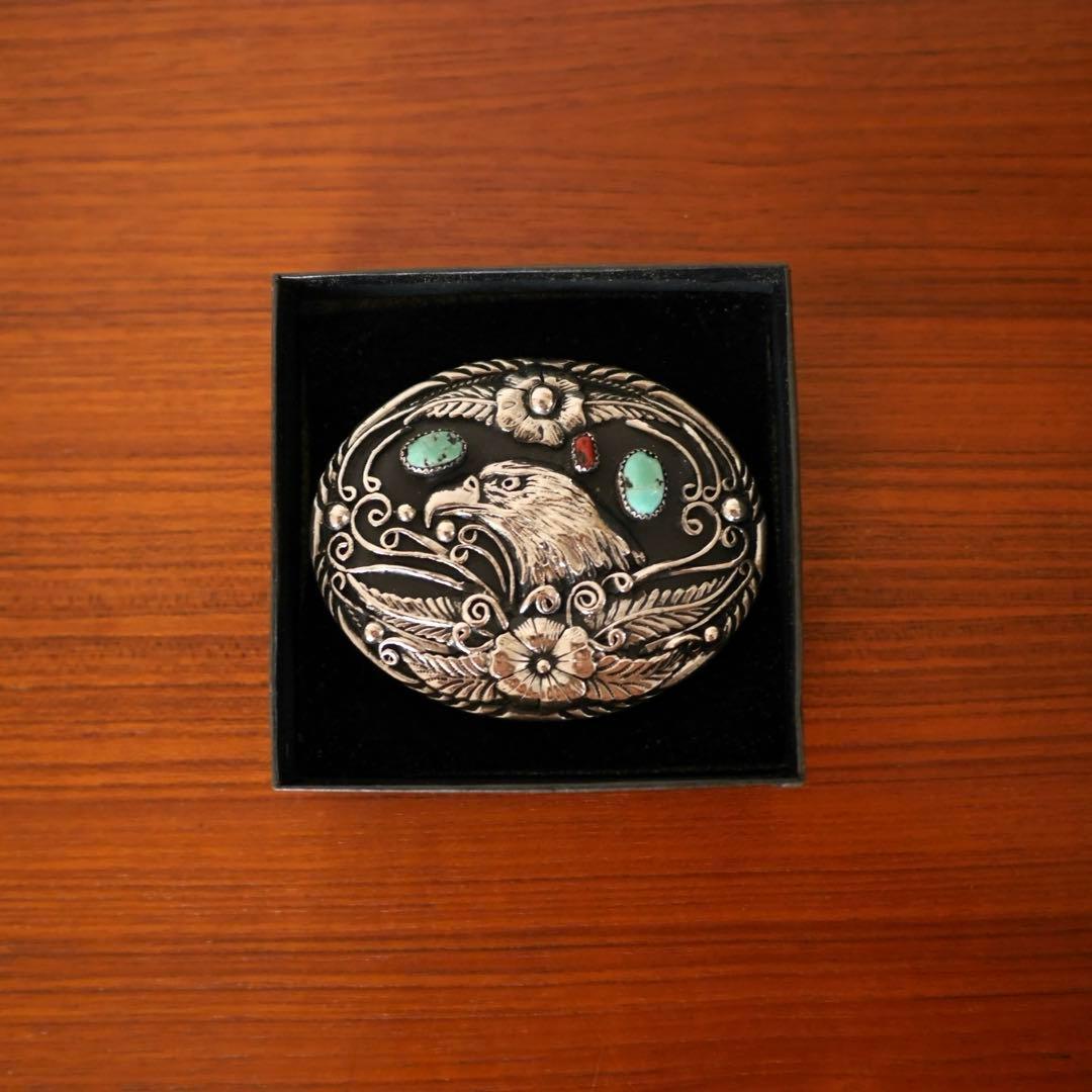 ヴィンテージ ナバホ族 イーグルモチーフ ターコイズ バックル ナバホ族作 ハンドメイド バックル スターリングシルバー&ターコイズ