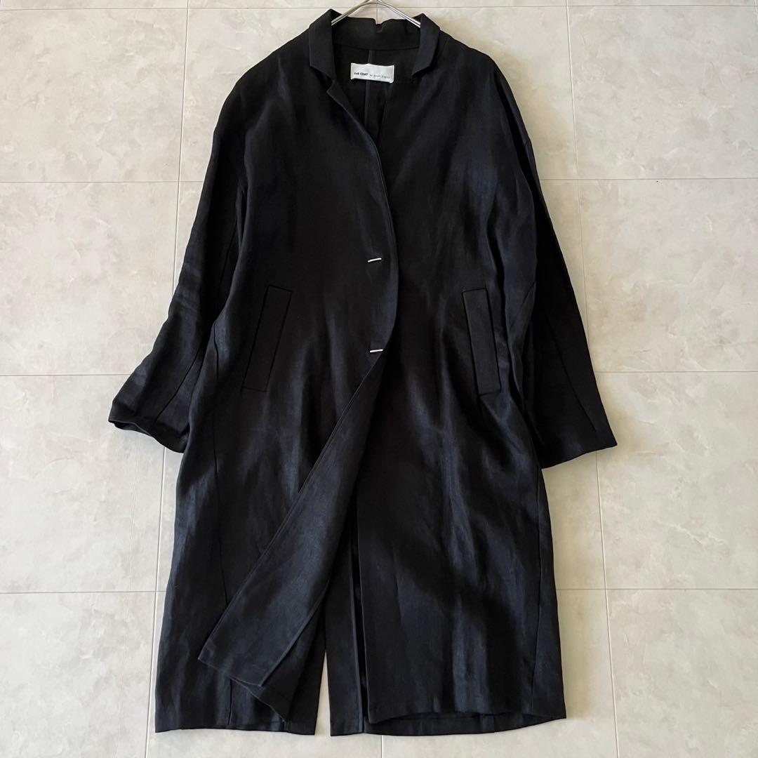 極美品✨upper hights 清涼リネンノーカラーコート黒 麻100% 36 Merfirge 爆買 コート レディース ノーカラーコート カシミヤ ウール混