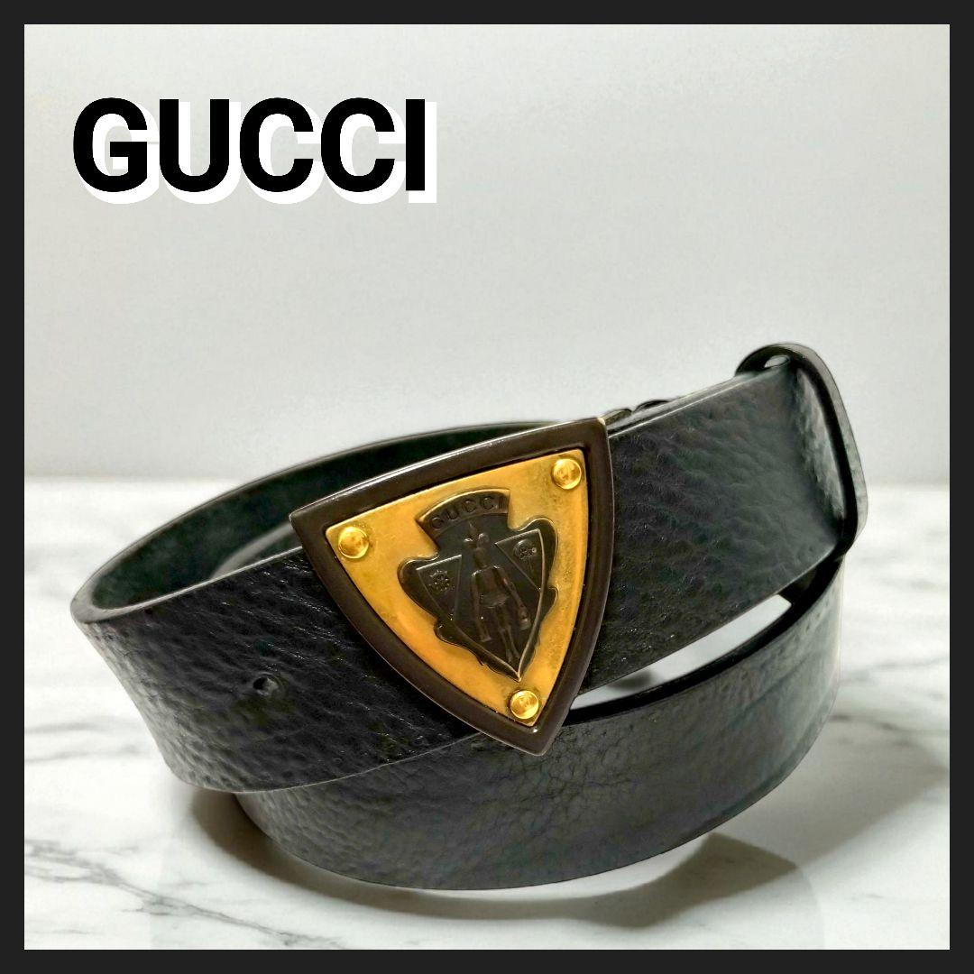 GUCCI オールドグッチ レザーベルト クレストバックル ブラック - メルカリ