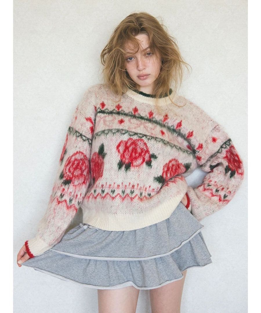 カルナムール CALNAMUR ローズ＆リボンジャガードニット ホワイト