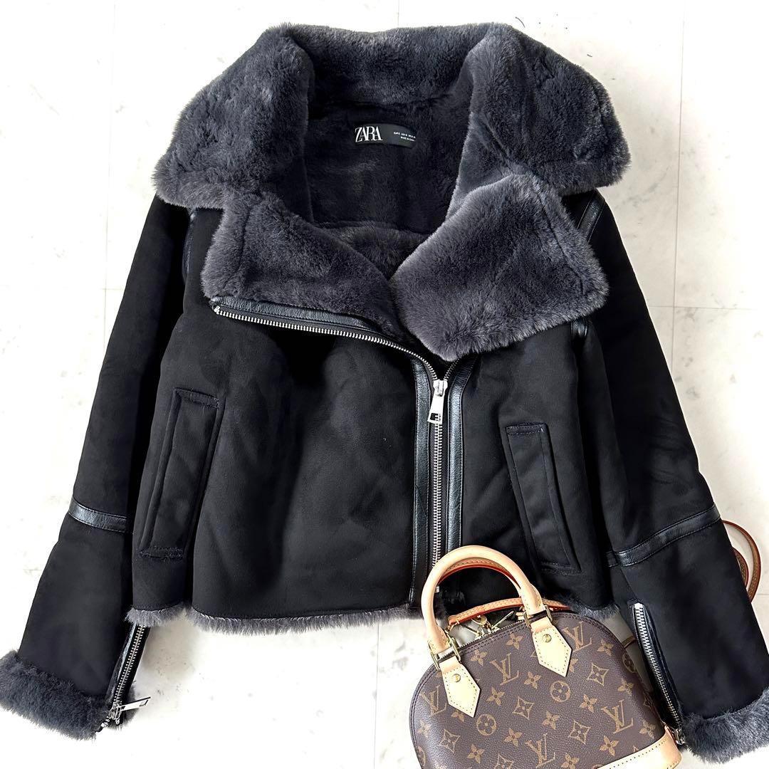 極美品 ZARA ザラ 希少M フェイクムートン ファーライダースジャケット 黒