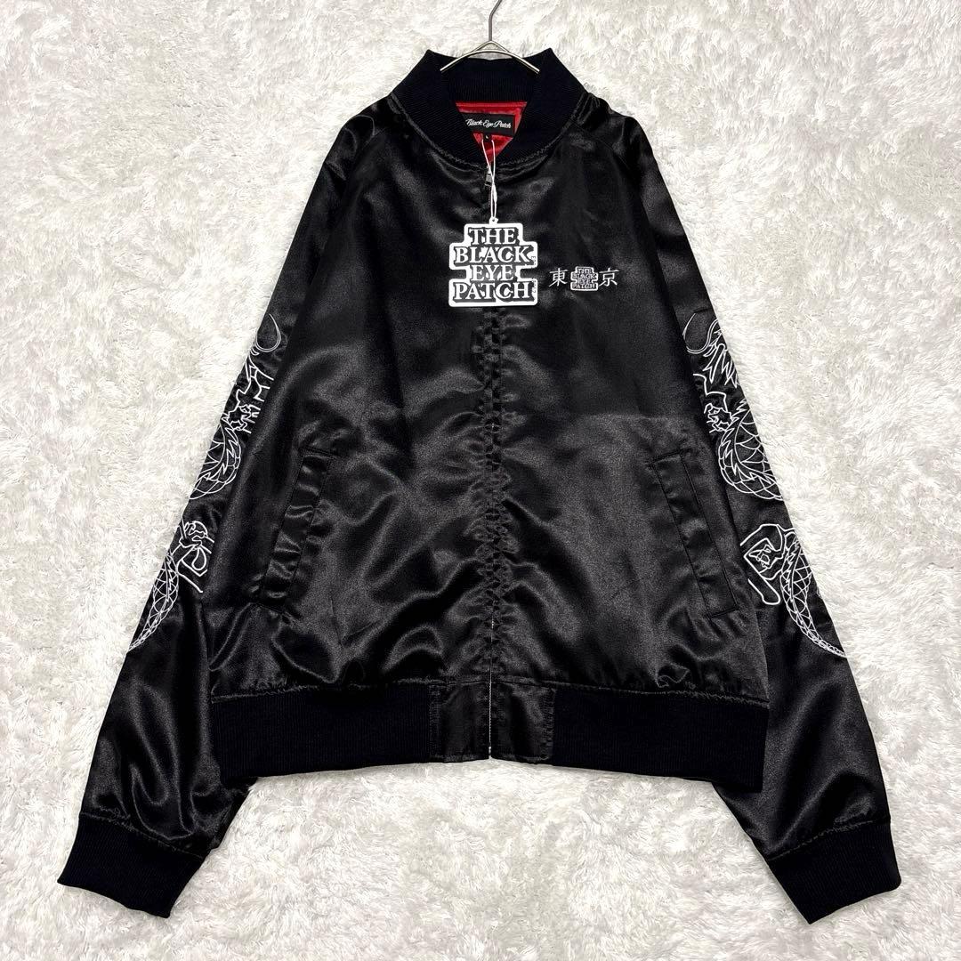 新品✨ブラックアイパッチ スカジャン ドラゴン 龍 刺繍 サテン 光沢