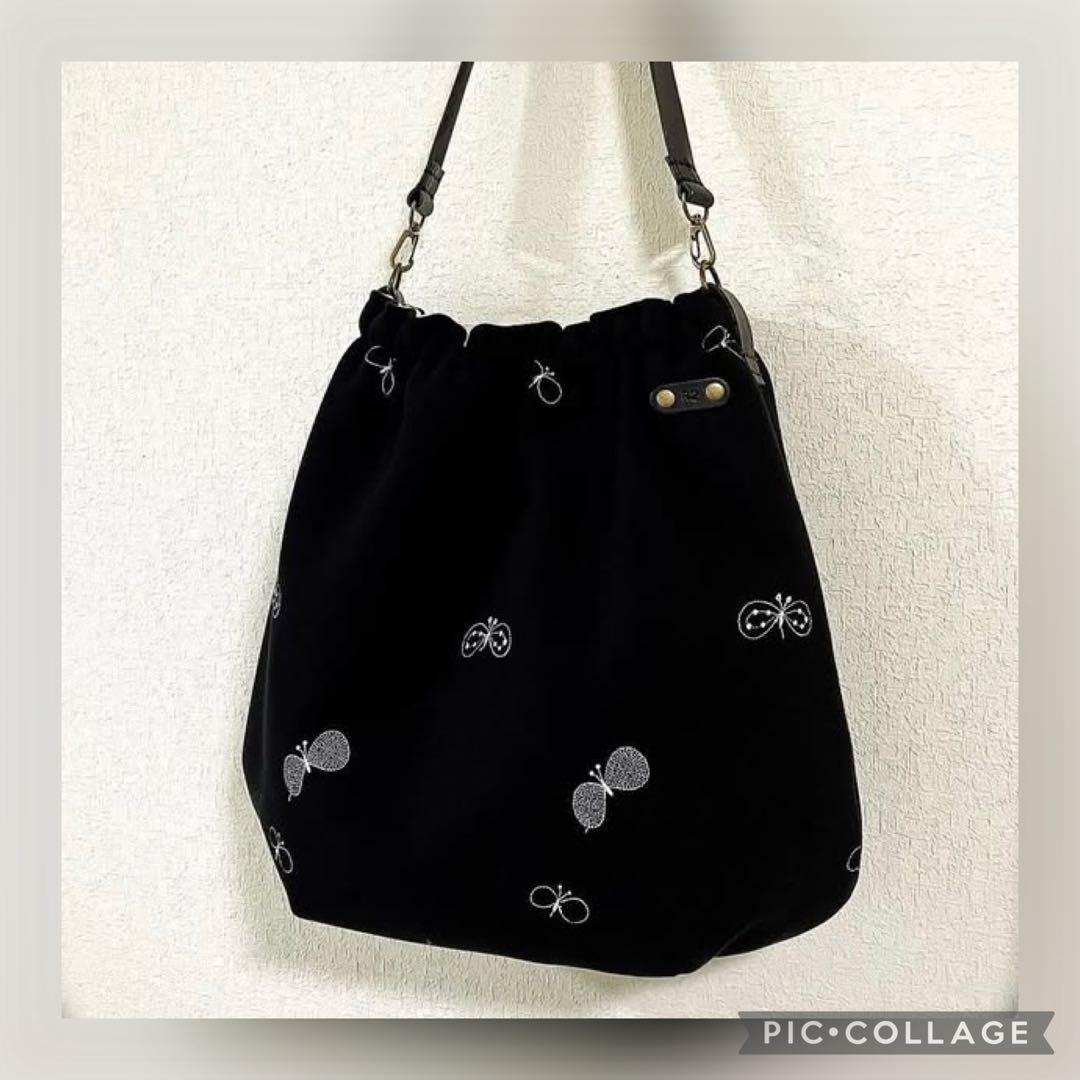 ミナペルホネン バッグ【黒 dop choucho 雫バッグ】廃盤 生地 希少