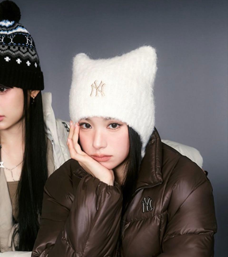 MLB ニット帽 猫耳 ビーニー 白 ひも付き mlbkorea ヤンキース - メルカリ