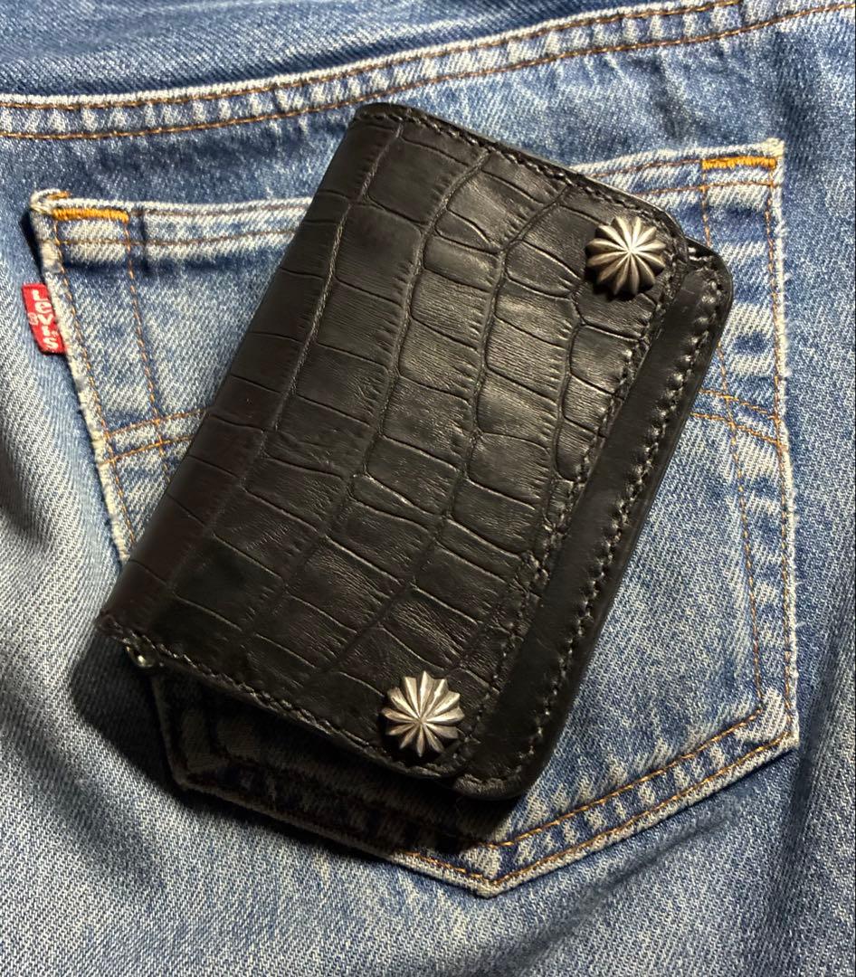 トラッカーウォレット ショート クロコ型押し×シルバー925アポロ