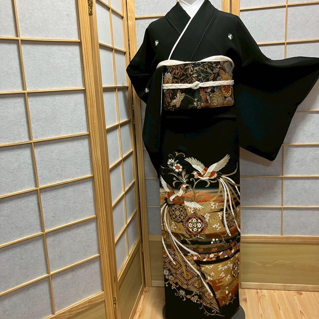 6431］黒留袖 美品 鳳凰花 落款有 比翼付 五つ紋 渡辺星 正絹 着物 袷