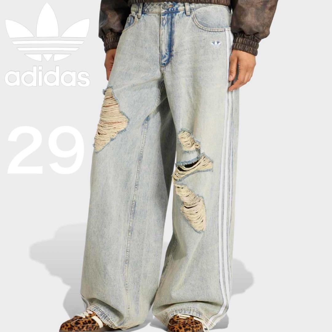 新品29⭐️adidasルーズデニム ディストレスト パンツ ダメージ加工 ブルー アディダス アディダス オリジナルス ルーズデニムディストレスト