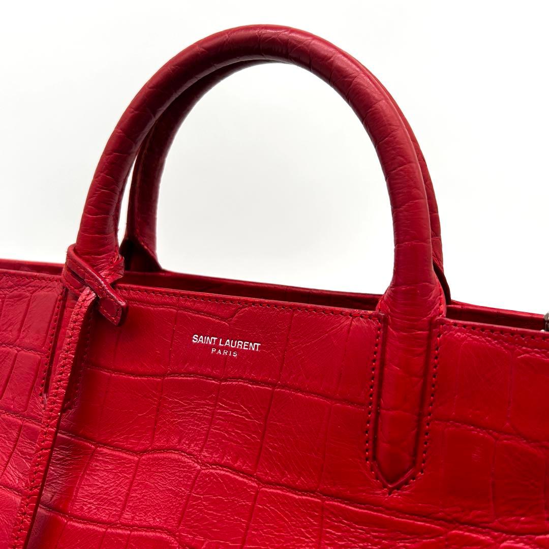 美品】サンローラン カバ リヴゴーシュ 2wayハンドバッグ クロコ型押し