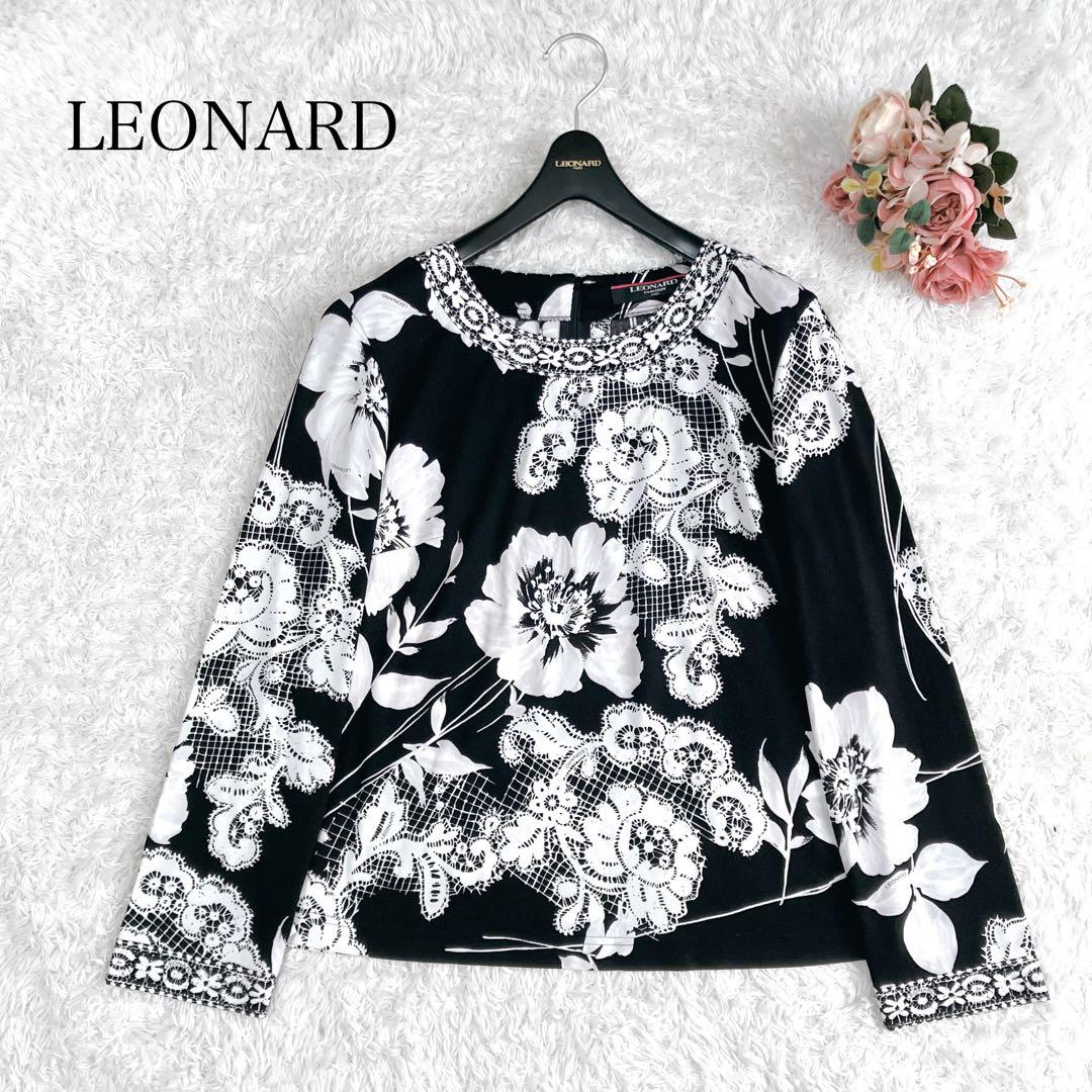 美品✨レオナール トップス カットソー カンカン トリム 花 ポピー 黒 白 極美品 レオナール トップス カットソー プルオーバー カンカン 花柄