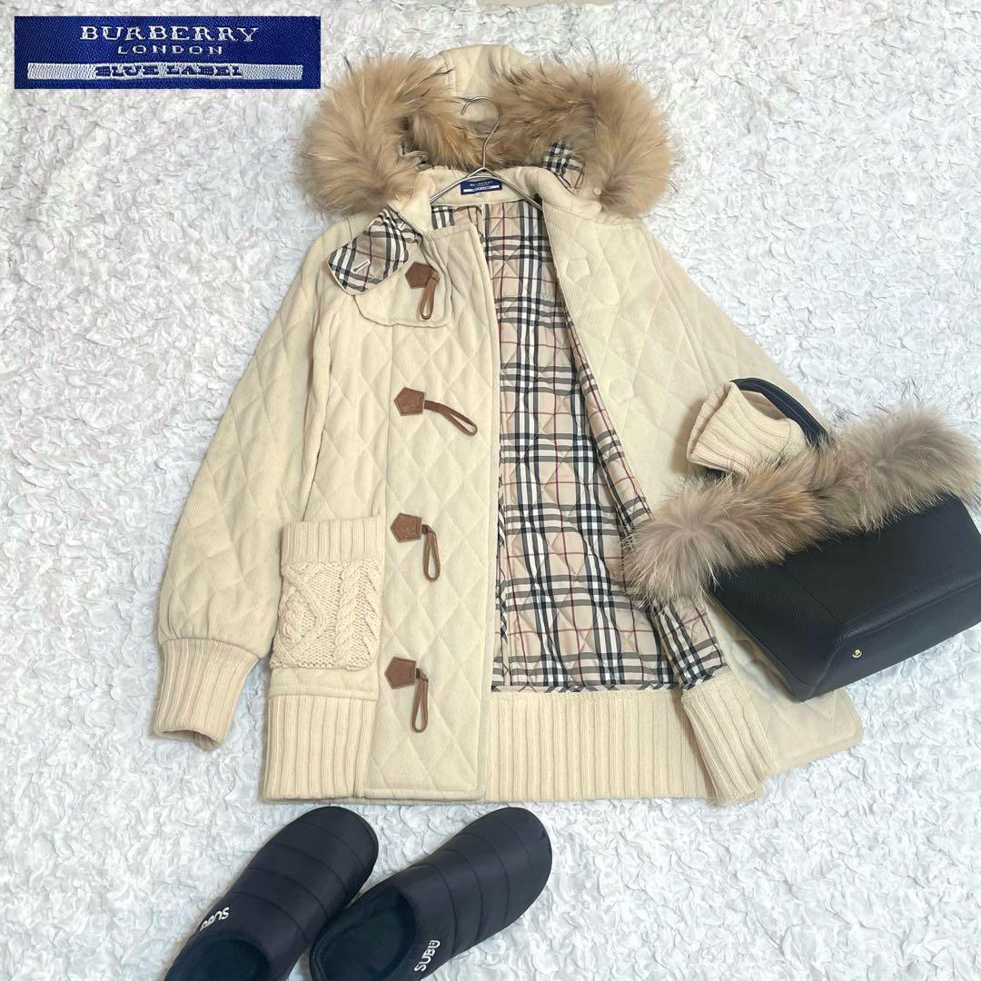BURBERRYバーバリーダッフルコート ノバチェック フォックスファー 美品 Burberry バーバリー ダッフルコート ツイード ノバチェック