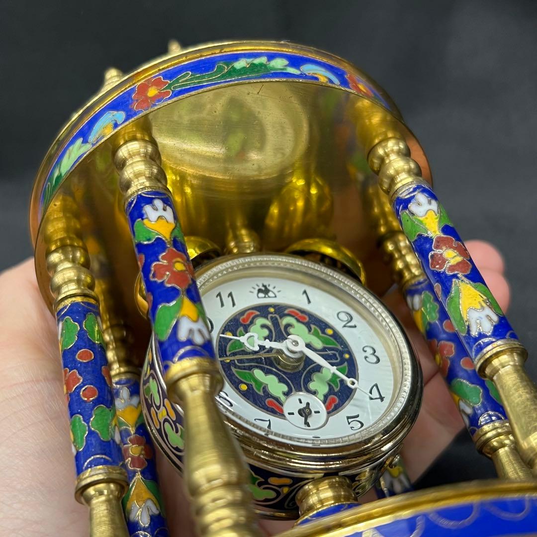 E2【used】七宝焼 置き時計 目覚まし時計 手巻き時計