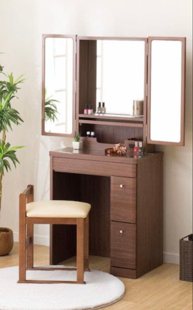 ブラウン 三面鏡 ドレッサー FDR-0004SET 三面鏡ハイタイプドレッサー 足元収納付き ガラス天板