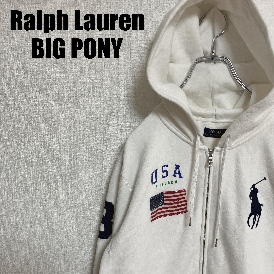 ラルフローレンBIG PONYスウェットジップパーカーMレディース白ビッグ
