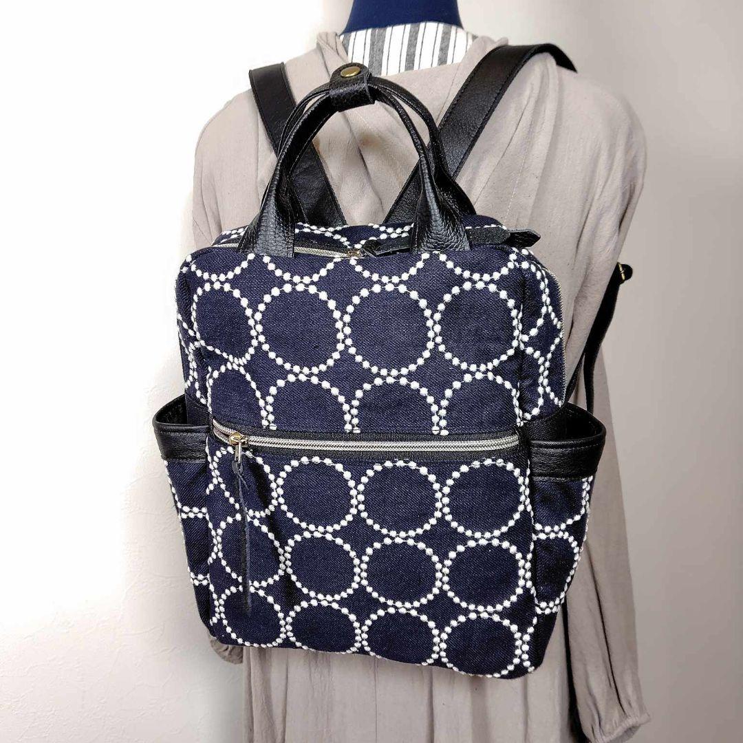 【専用】ミナペルホネン/タンバリンネイビー/ボストン型トートリュック本革黒 ミナペルホネン生地｜tambourineの2wayぽってりボストン 倉敷帆布使用