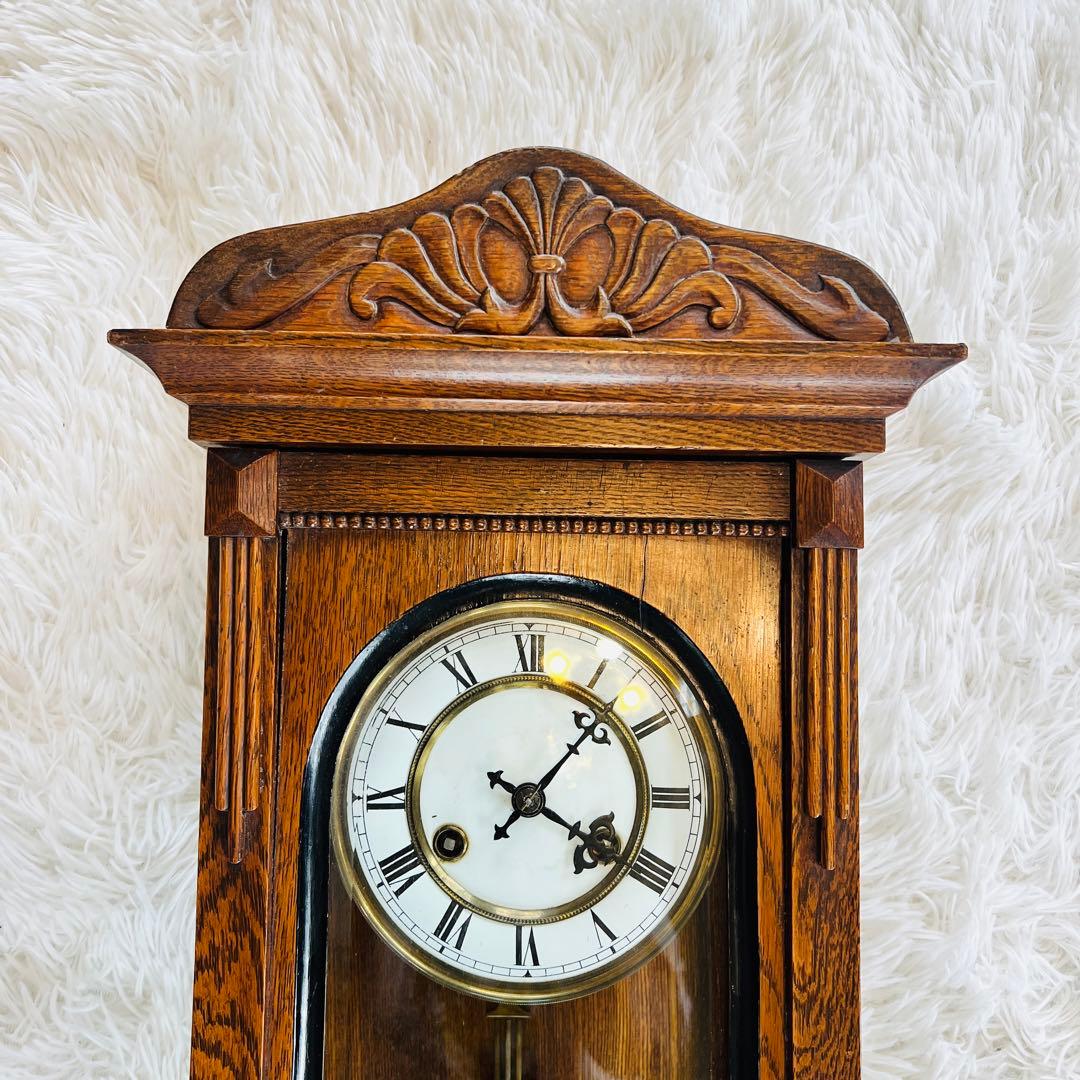 超希少 ゼンマイ式掛け時計 アンティーク 振り子時計 木製 ホーロー