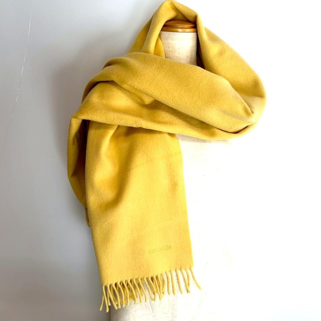 エルメス マフラー タグ有 ショール ストール ロゴ刺繍 黄金 カシミヤ