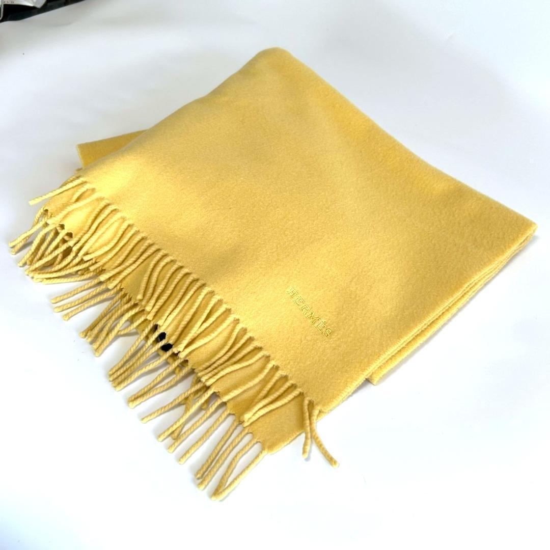 エルメス マフラー タグ有 ショール ストール ロゴ刺繍 黄金 カシミヤ
