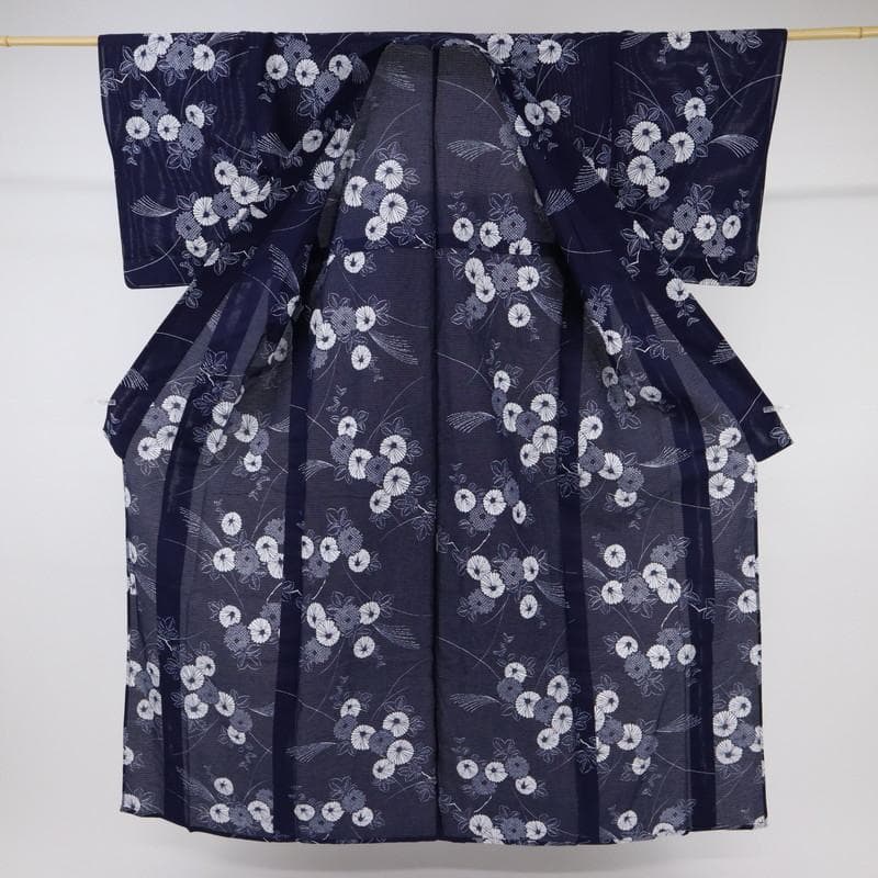 《たえ★長尺■綿絽◆夏着物■小紋■涼やか菊の花■濃紺◆US7-14》