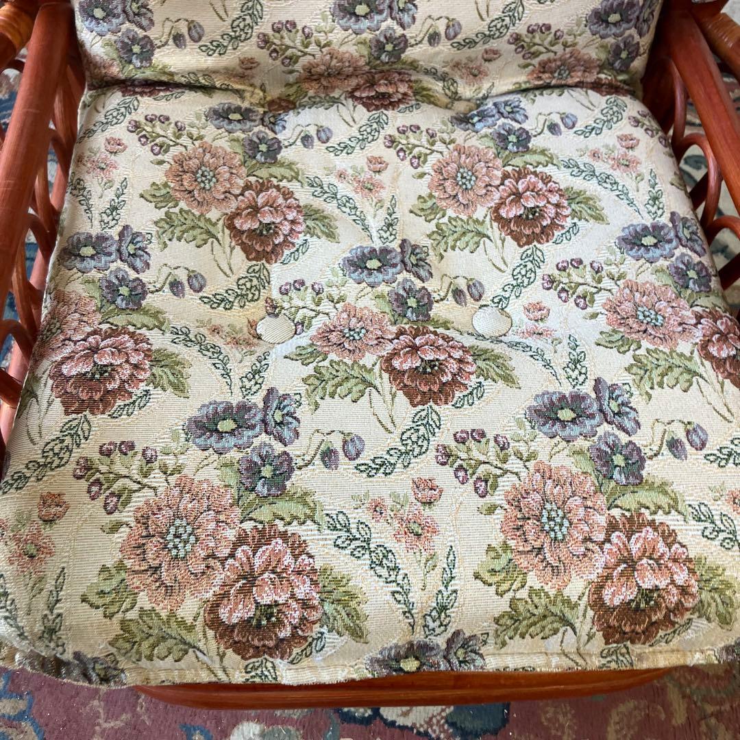 昭和レトロ 花柄ゴブラン織り 回転式ラタンリクライニングチェア