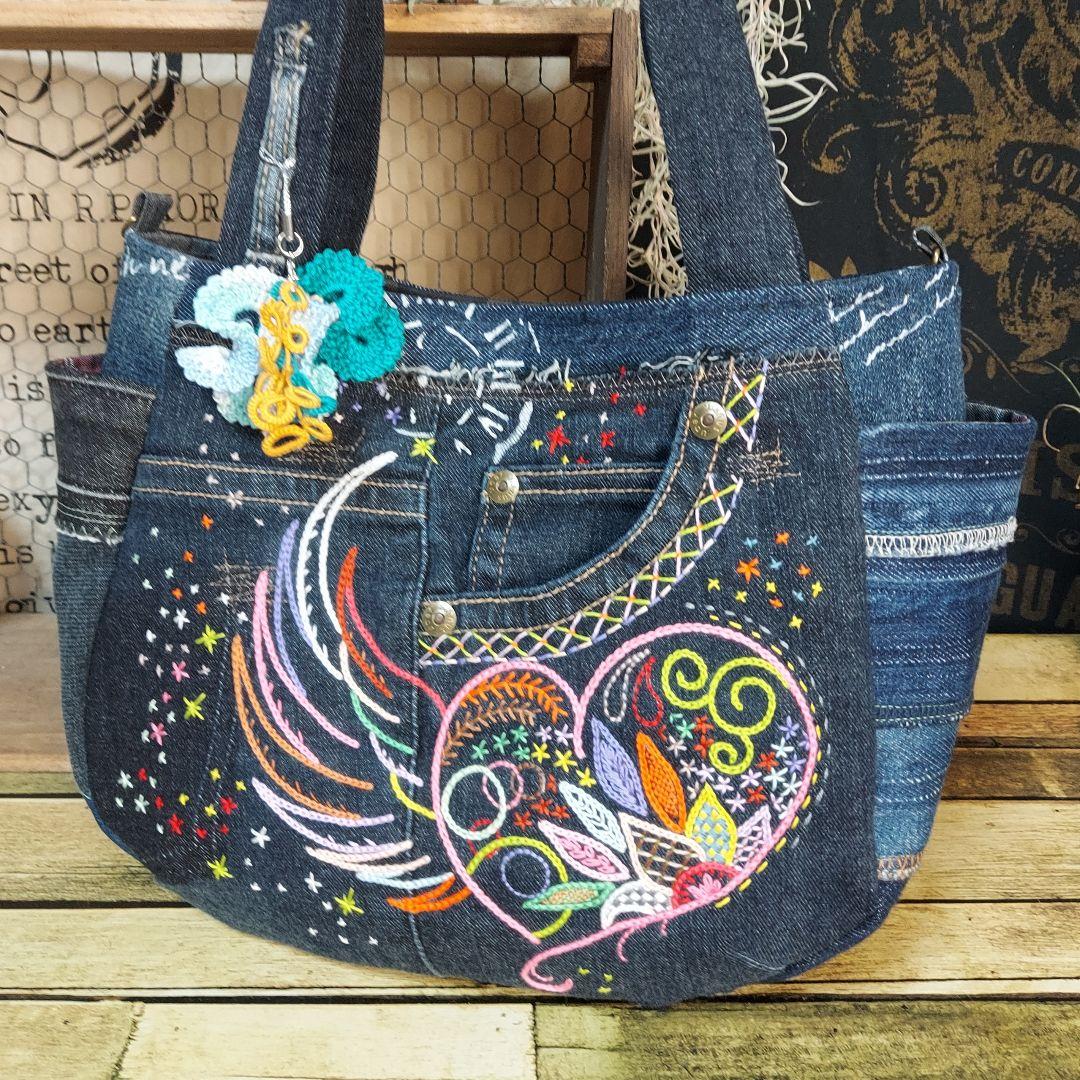 刺繍デニムバック　No.670　デニムリメイクチューリップバック　刺繍バック 刺繍デニムバック No.574 デニムリメイク ショルダーバッグ 刺繍バック