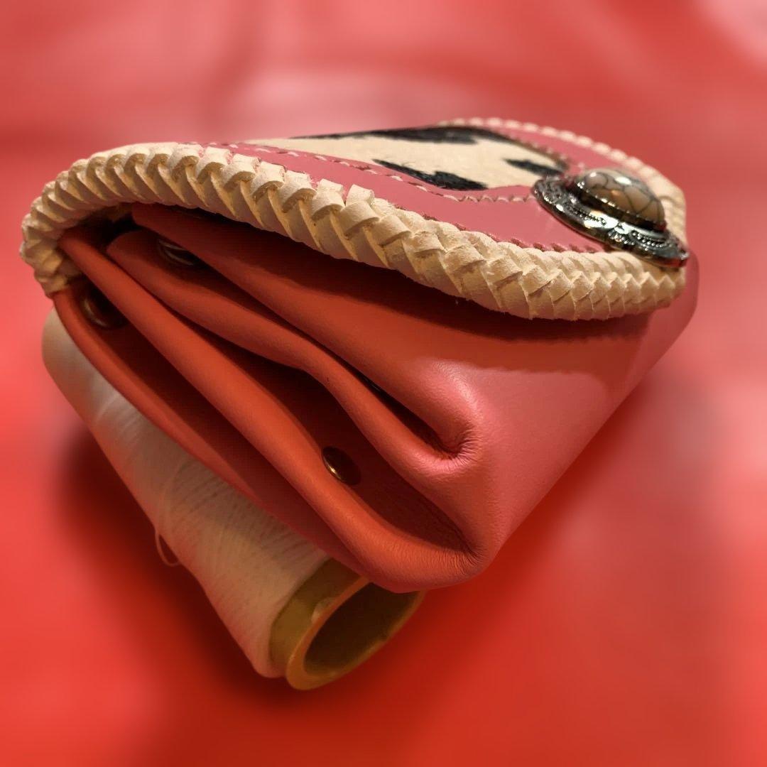 ハンドメイドレザークラフトカウ柄ハラコ牛革ピンクアコーディオン財布