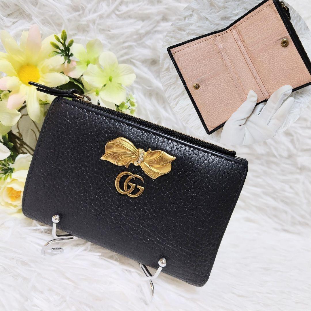 美品✨グッチ◇裏地花柄二つ折り財布　マーモントりぼん　バイカラー黒ピンクベージュ GUCCI（グッチ） 二つ折り財布 GGMarmont パイソン ピンク : ブランド