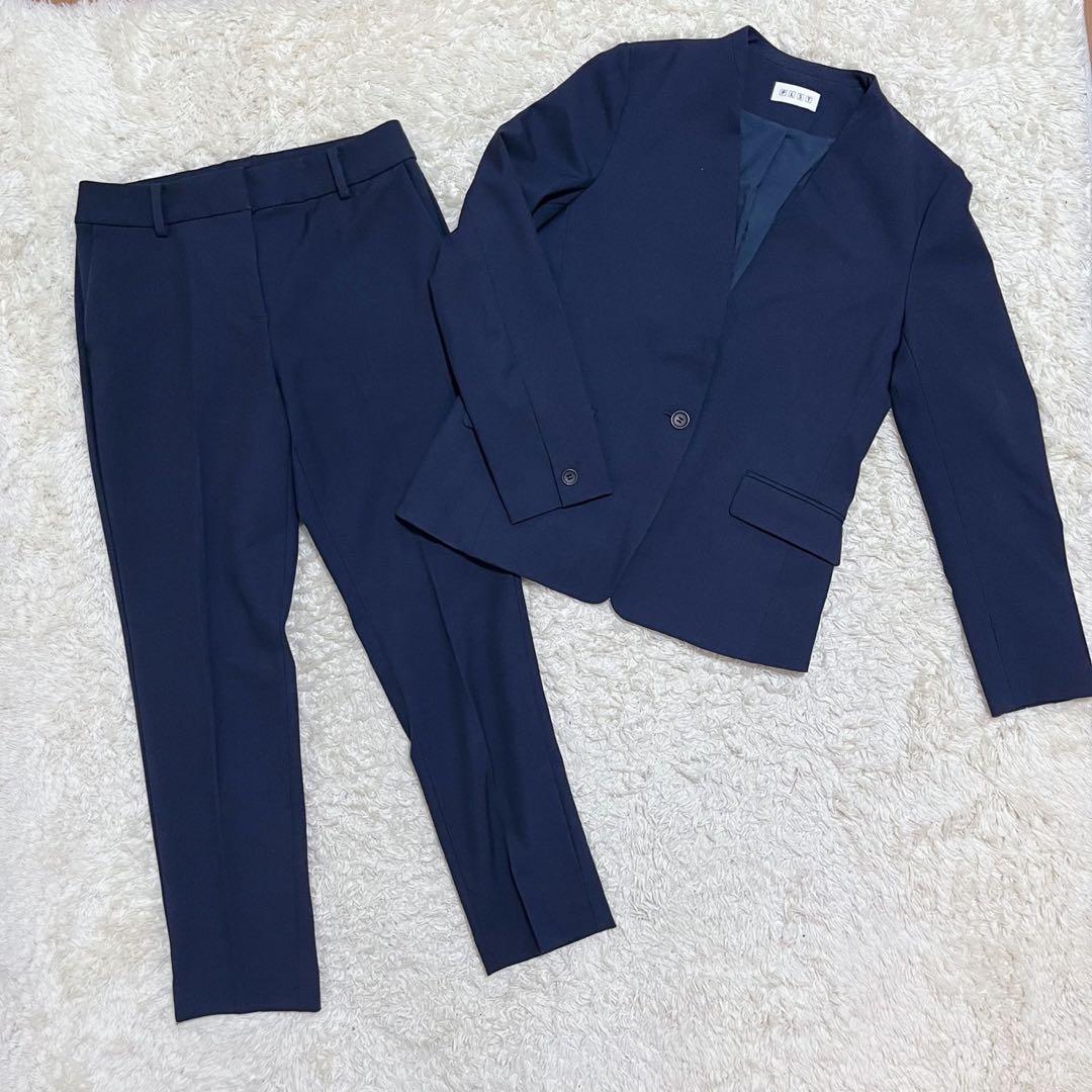 PLST　洗える　パンツスーツ　セットアップ　ノーカラージャケット　紺　M 美品✨洗える】プラステ スーツパンツセット ノーカラージャケット