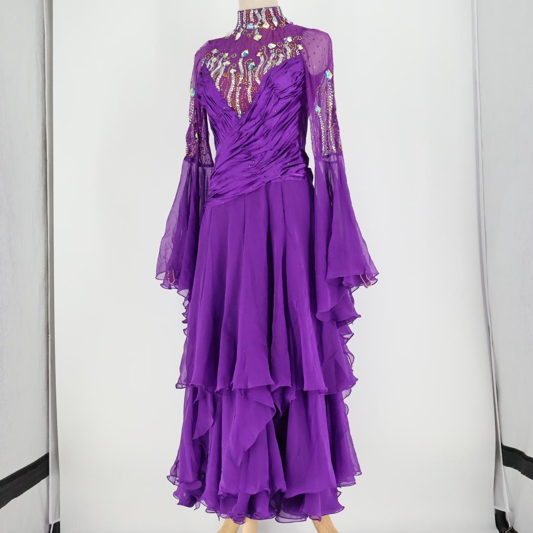 社交ダンス衣装】パープル ワンピース ドレス 紫 フリル レース 高級感