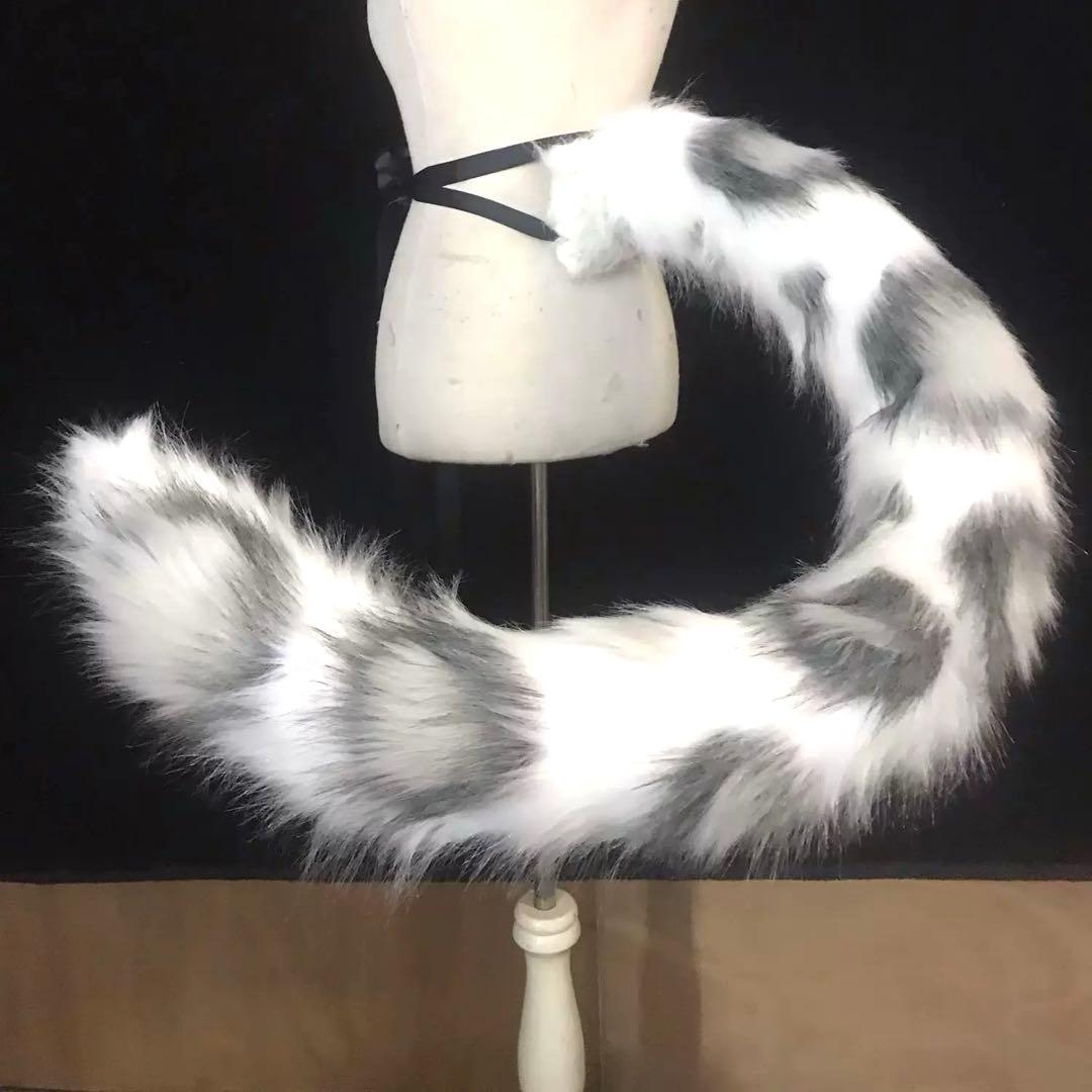 ハンドメイド動物しっぽ　アニマルテール 130cm ユキヒョウ　雪豹 リアルなフェイクファーの白とグレーのユキヒョウの耳と尻尾のセット