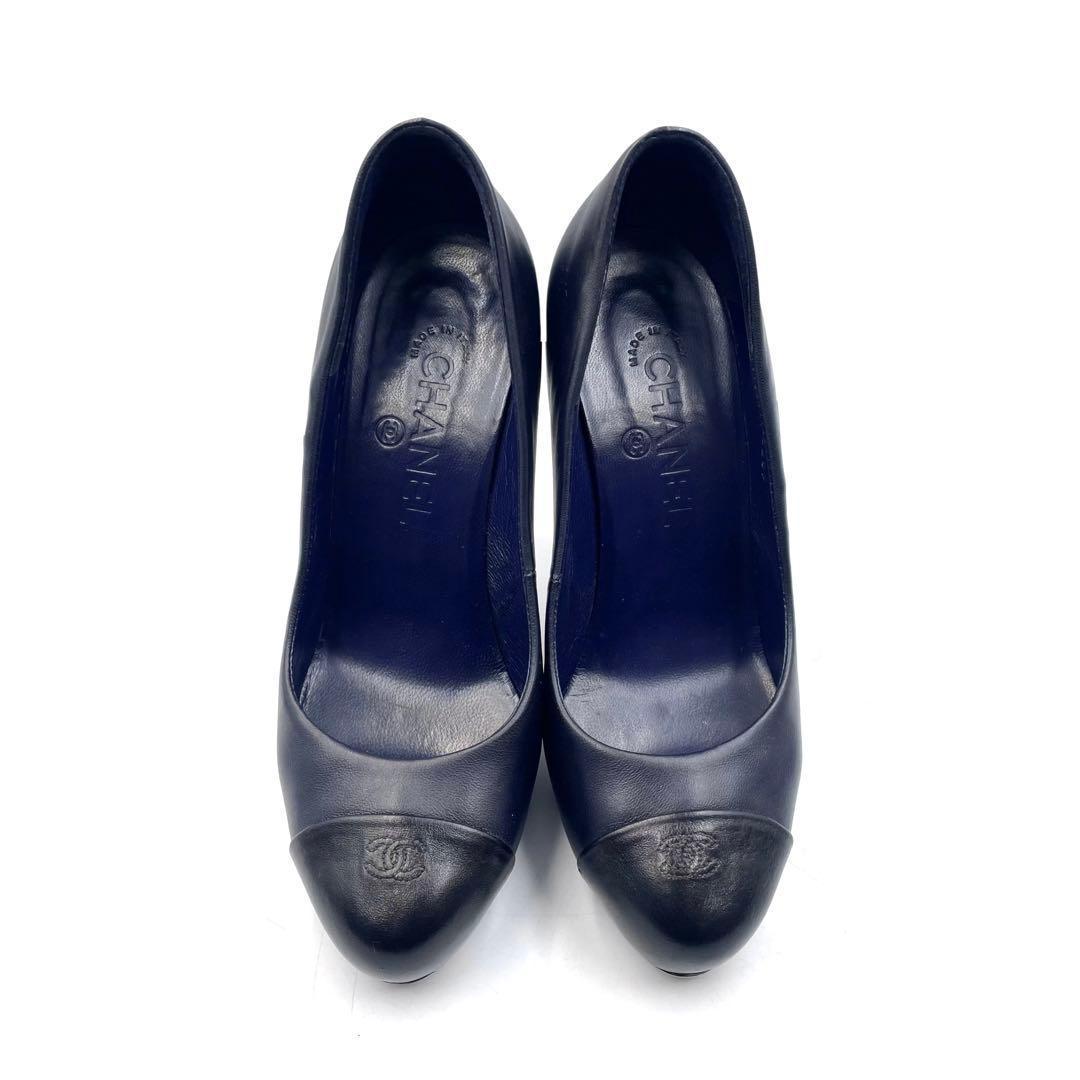 《超美品》シャネル 厚底 パンプス ココマーク バイカラー 紺黒系 37 箱あり