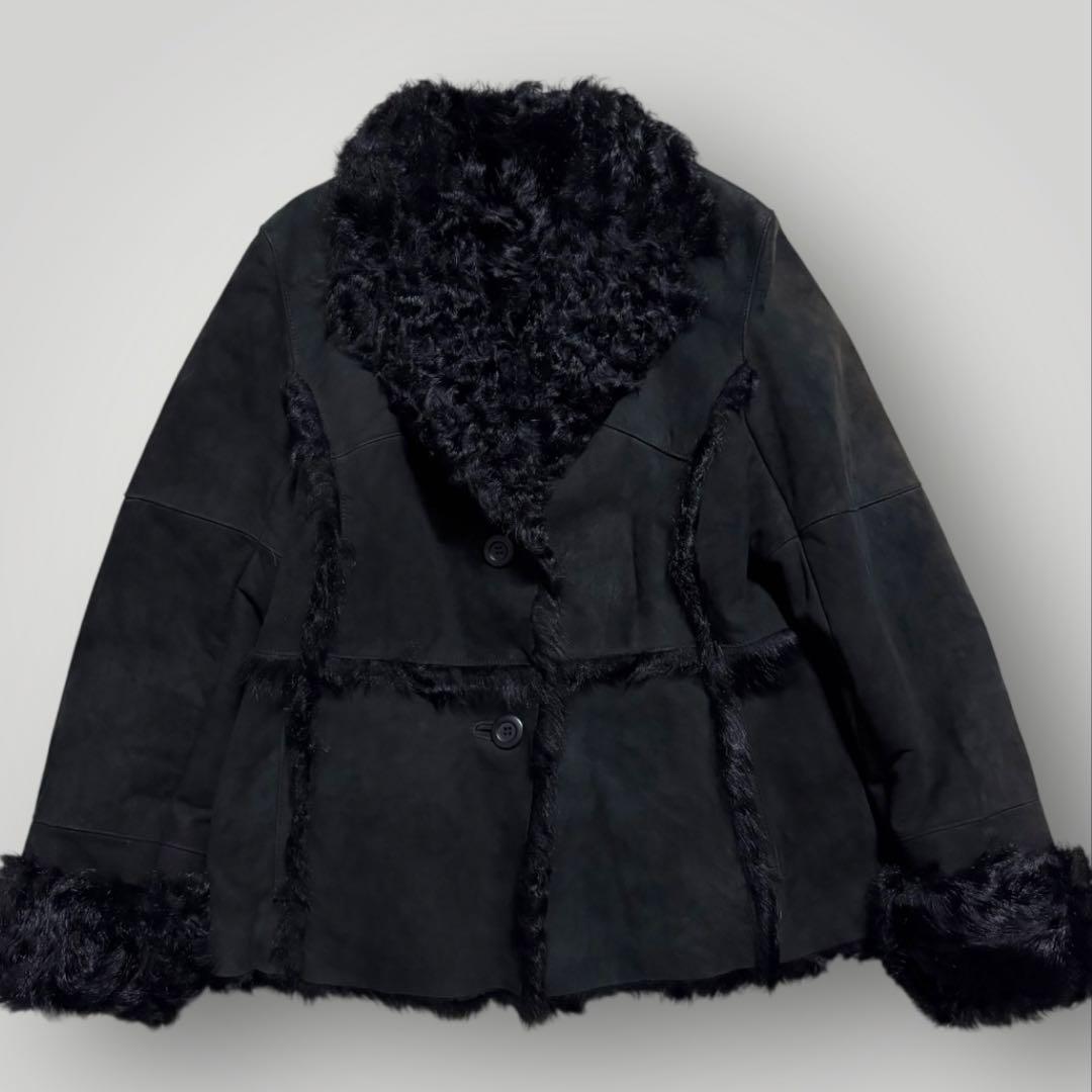 本毛皮☆ラムファー ラムレザー ファーコート ショートコート 本革 黒