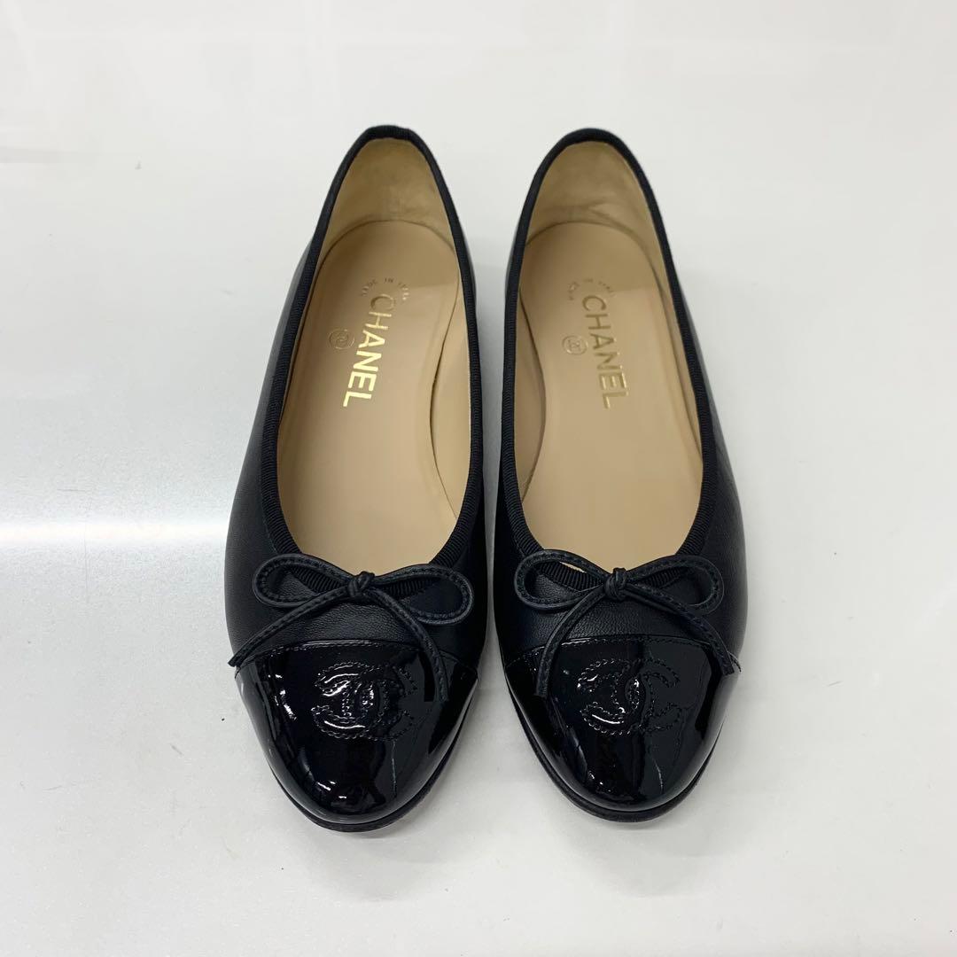 シャネル ココマーク レザー パテント リボン フラットシューズ
