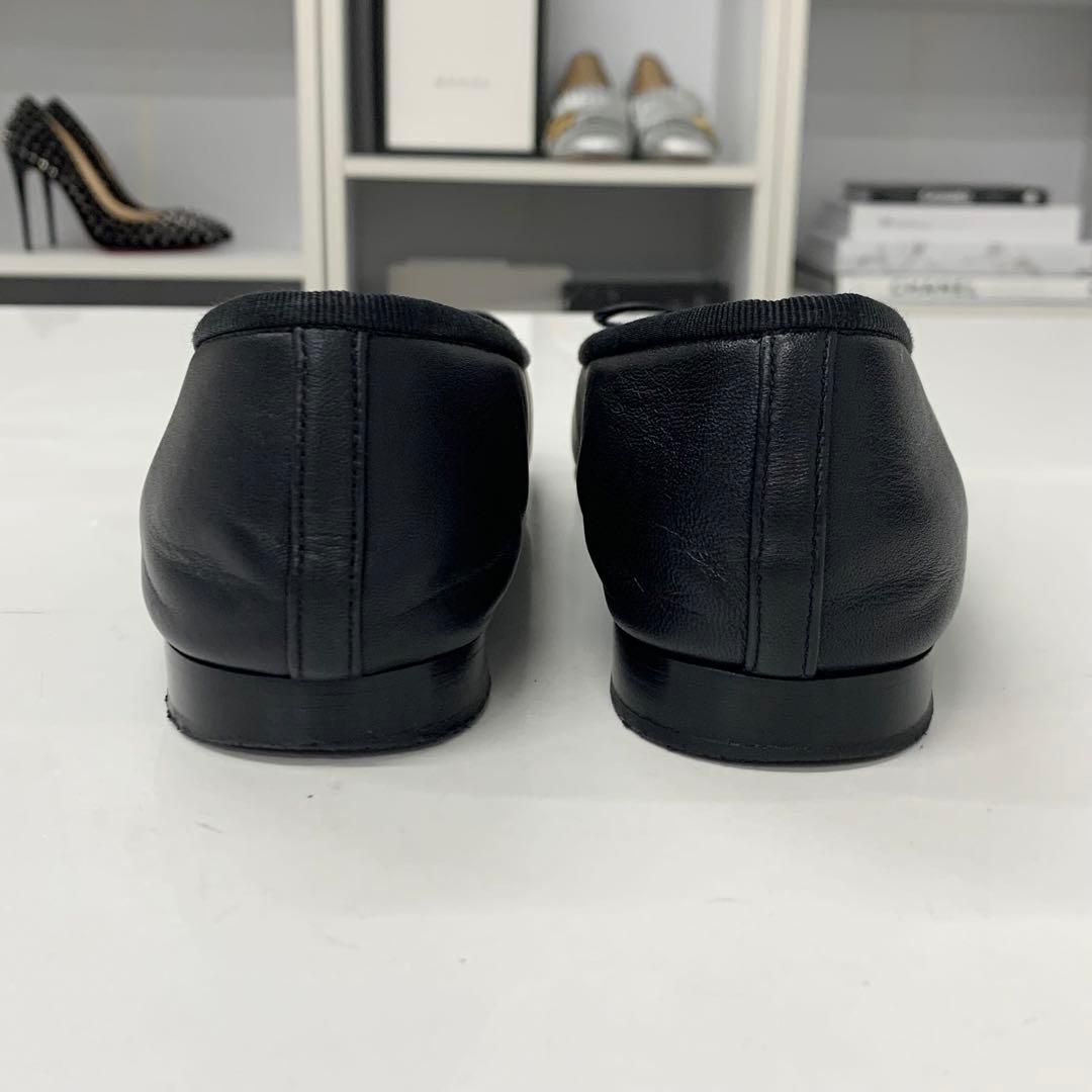 シャネル ココマーク レザー パテント リボン フラットシューズ