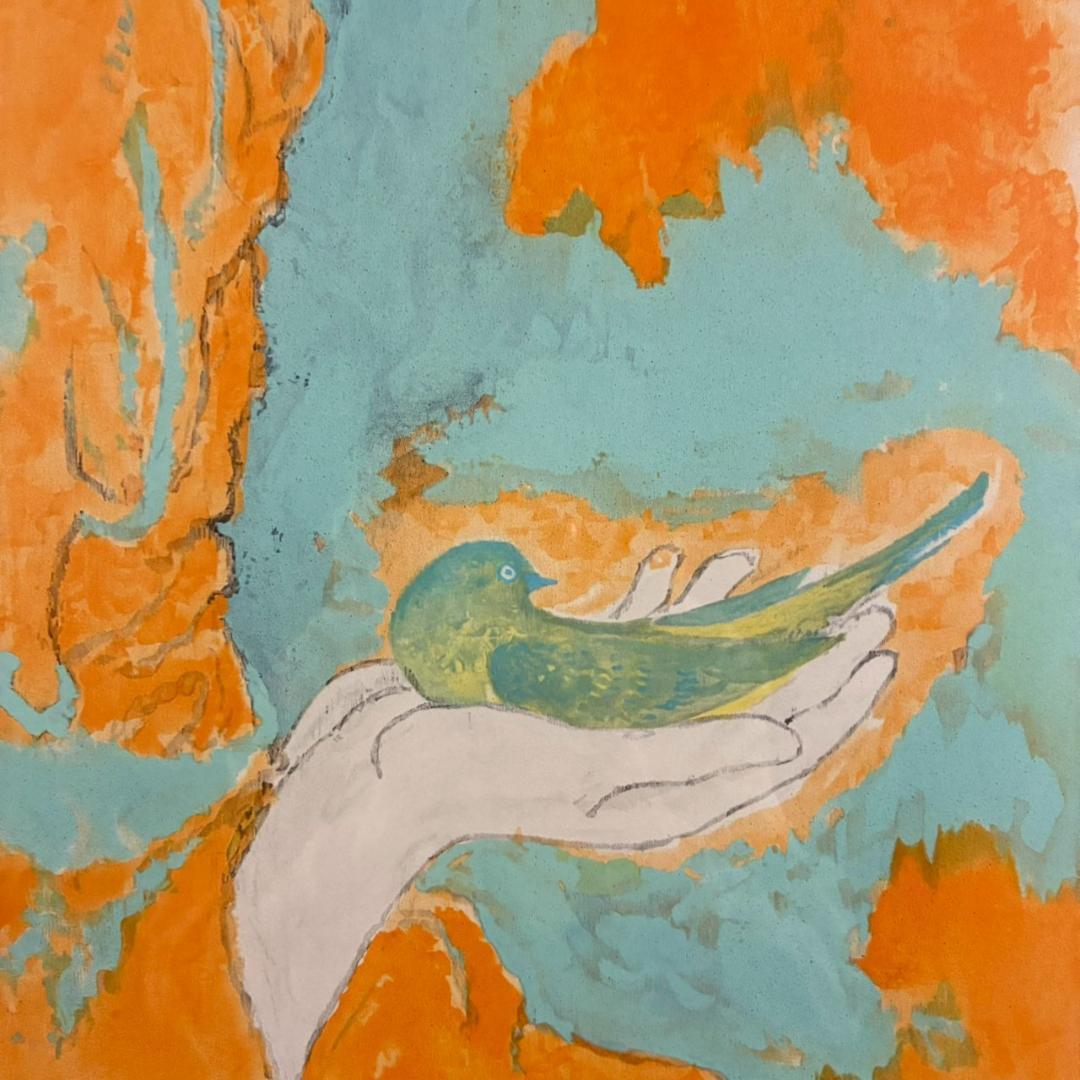 美品 高山辰雄「鳥と」リトグラフ 直筆サイン入 証明シール有 日本画家