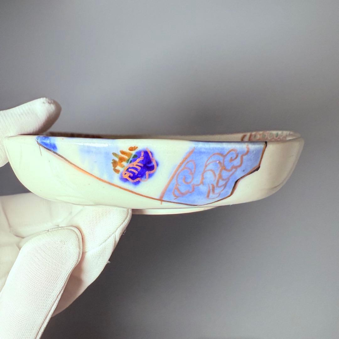 幕末～明治期 角冨 色絵扇絵変形皿 五客 裏千鳥文 金襴