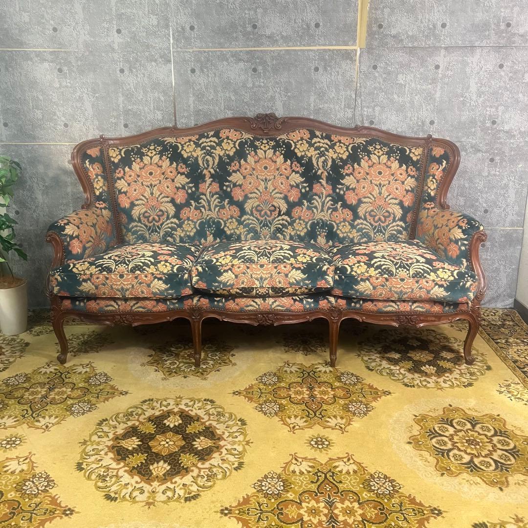 金華山織り꧂3人掛けソファ 猫脚 花柄 フラワー ファブリック