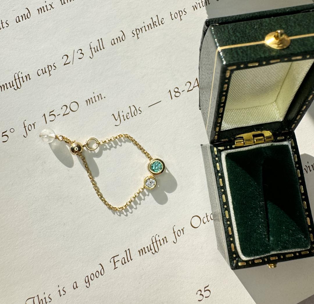 天然トルマリン粉末混 人工パライバ × モアサナイト チェーンリング14KGF