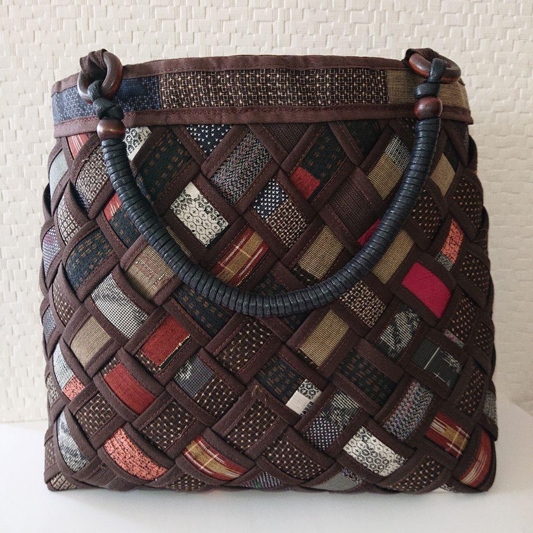 多彩な色合いの紬 着物リメイク トートバッグ ハンドメイド 編み込み