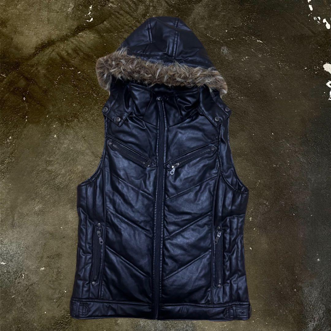 美品 Y2K 平成 グランジ ダウンベスト 光沢 ファー フード 00s お兄系