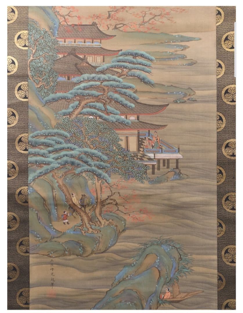 土佐光起 真筆 慶應三年以降の作 絹本 着色楼閣山水図 双幅 徳川家葵御