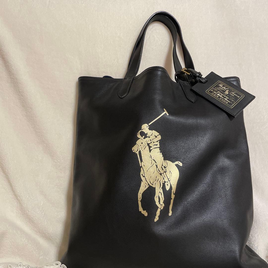 ラルフローレン オールレザー トートバッグ　POROポニーロゴ 黒色 ポロ ラルフローレン POLO RALPH LAUREN バッグ オールレザー トート