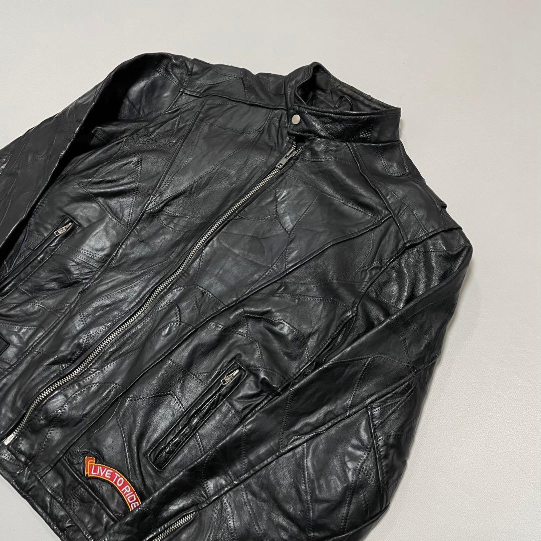 90s バッファローレザー ツギハギ 刺繍 ライダース レースアップ