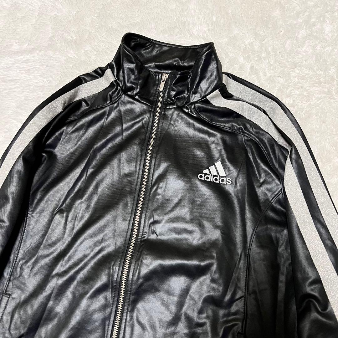 アディダス Oサイズ ジャージ 上下 セットアップ 黒×シルバー ロゴ刺繍