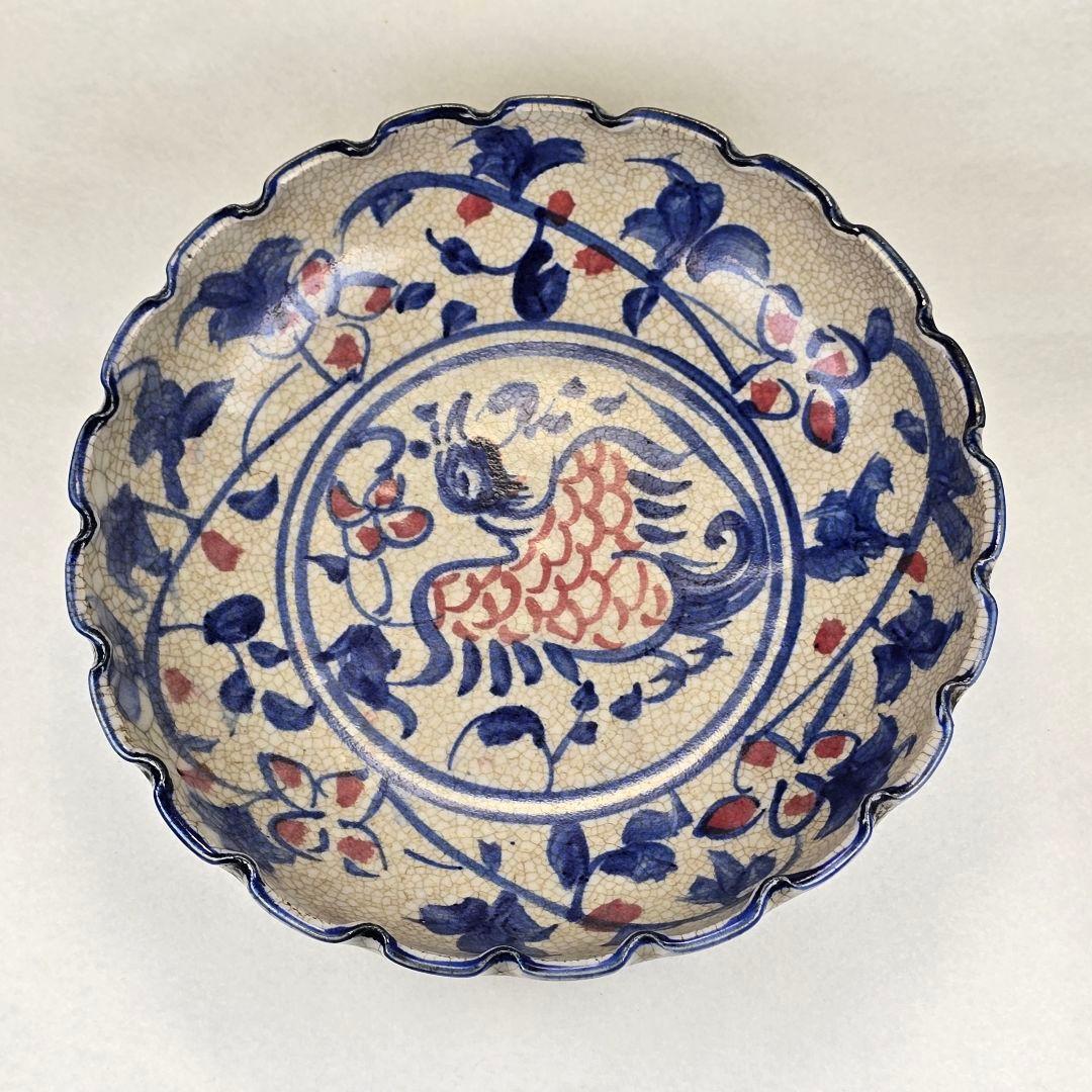 舶来品 中国古磁 青花染付 釉里紅 手絵 花鳥紋 観賞皿 筆洗い 筆添 在銘 初期色絵芙蓉手花鳥文大皿（江戸時代） - 天平堂（TENPYODO）