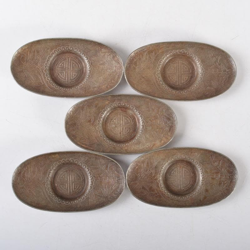 煎茶道具 古錫 花草文 茶托 五客 V 5132