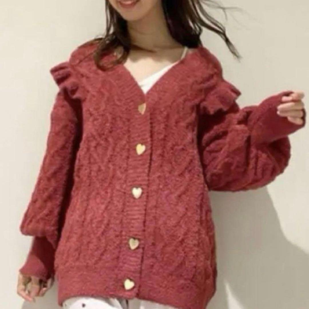 ジェラートピケ バレンタイン ハートアランフリルカーディガン ピンク