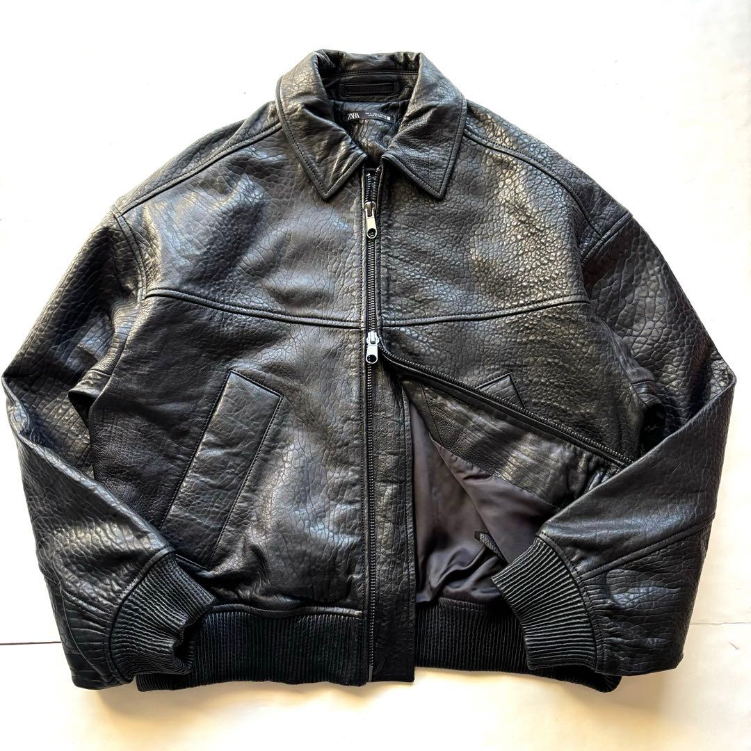 現行・完売品】ZARA エンボスレザージャケット ラムレザー XL ブラック