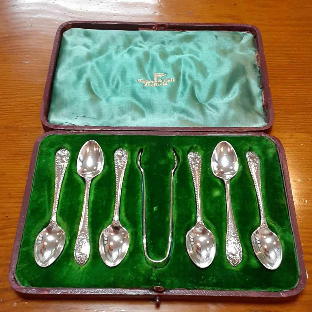 英国 純銀 ティースプーン&シュガートング ♡アンティークシルバー◇ケース付 アンティークシルバー、アンティーク銀器 純銀製(925) 1896年 美透かし