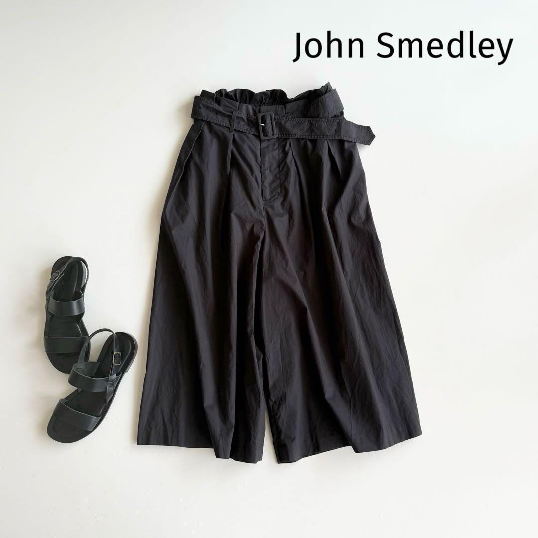 【ジョンスメドレー】ガウチョパンツ ベルト付 ワイド 黒 コットン 柔らかM相当 洗える！ベルト付ワイドパンツ - ベルーナ【公式】