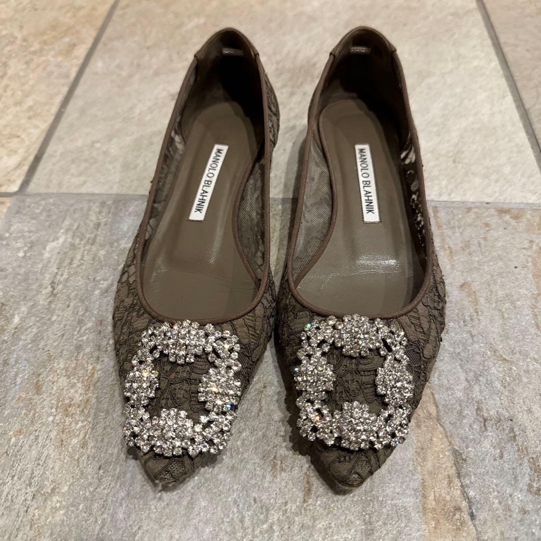 Manolo Blahnik マノロレース フラットシューズ カーキ 36